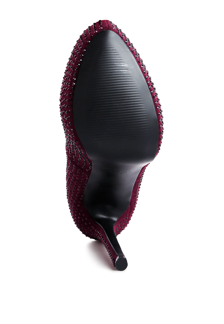 Clarisse Diamante Faux Suede High Heeled Pumps featuring a chic stiletto heel and stunning diamante detailing on a microfiber surface.