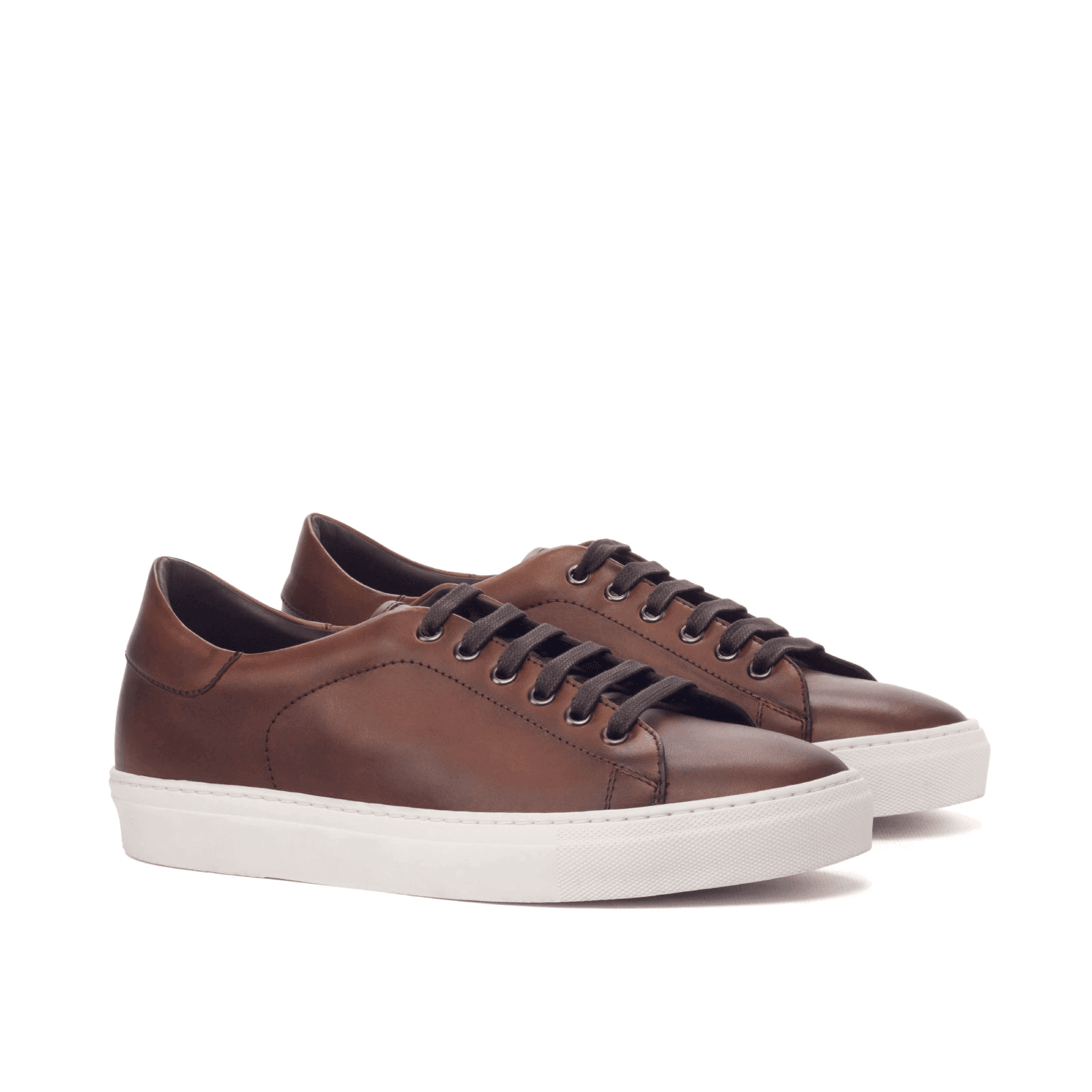 Claus Trainer Sneaker II in med brown painted calf leather with white cupsole, showcasing its sleek design and quality craftsmanship.