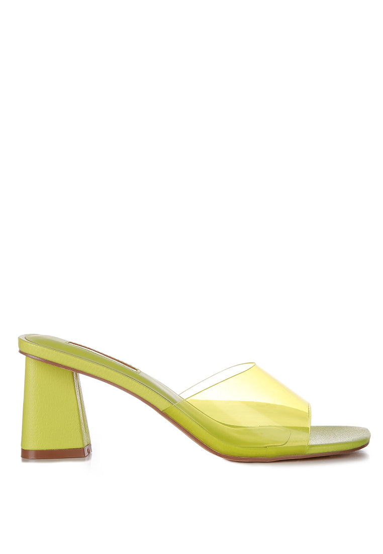 Clear Flirt Clear Strap Slip On Heel Sandals featuring tinted clear straps and block heel design, perfect for summer wear.