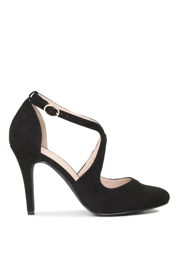 Close Toe Cross Strap Heel Sandals featuring a chic design with buckle closure and pointed heel, made from faux suede.