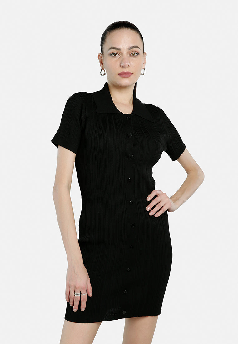 A stylish Collared Bodycon Sweater Dress featuring a heat set striped texture, button-down detail, and a figure-hugging silhouette, perfect for work or casual outings.