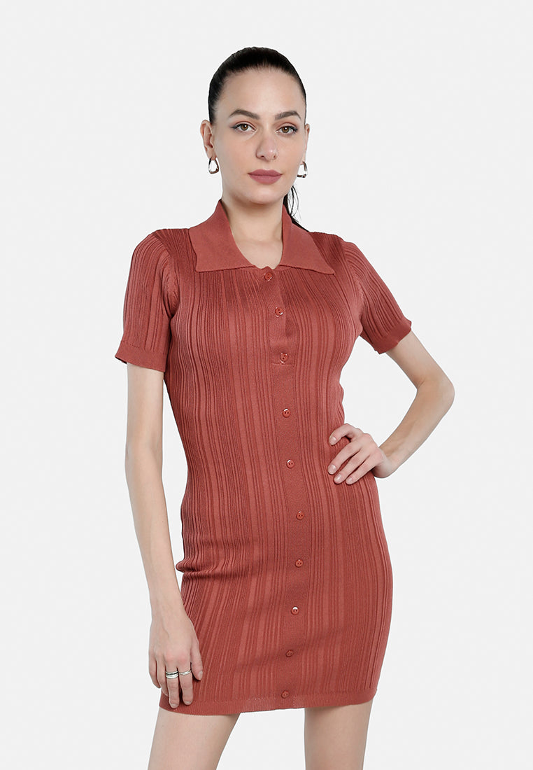 A stylish Collared Bodycon Sweater Dress featuring a heat set striped texture, button-down detail, and a figure-hugging silhouette, perfect for work or casual outings.