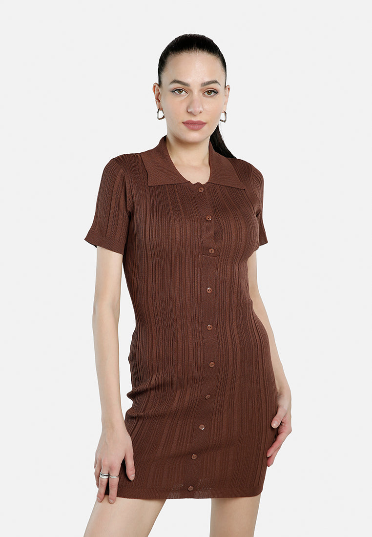 A stylish Collared Bodycon Sweater Dress featuring a heat set striped texture, button-down detail, and a figure-hugging silhouette, perfect for work or casual outings.