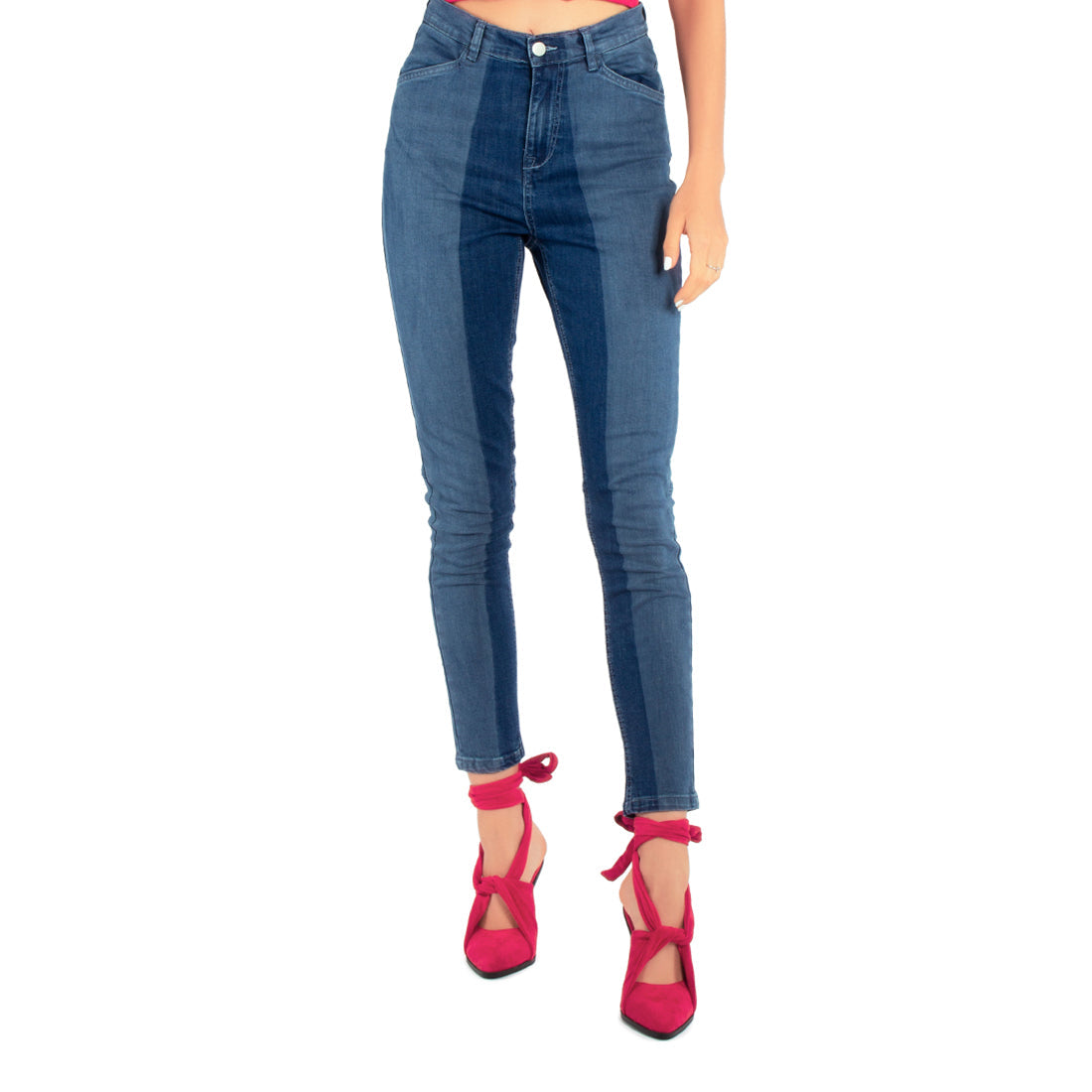 Color Block Two Skinny Jeans Pants featuring a trendy two-tone design, high rise, and five pockets, perfect for summer styling.