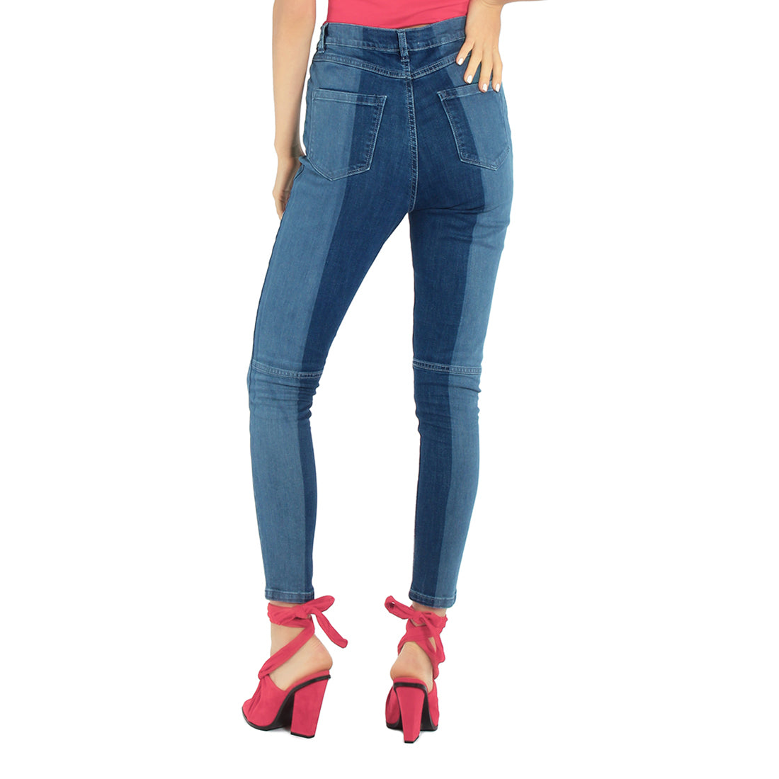 Color Block Two Skinny Jeans Pants featuring a trendy two-tone design, high rise, and five pockets, perfect for summer styling.