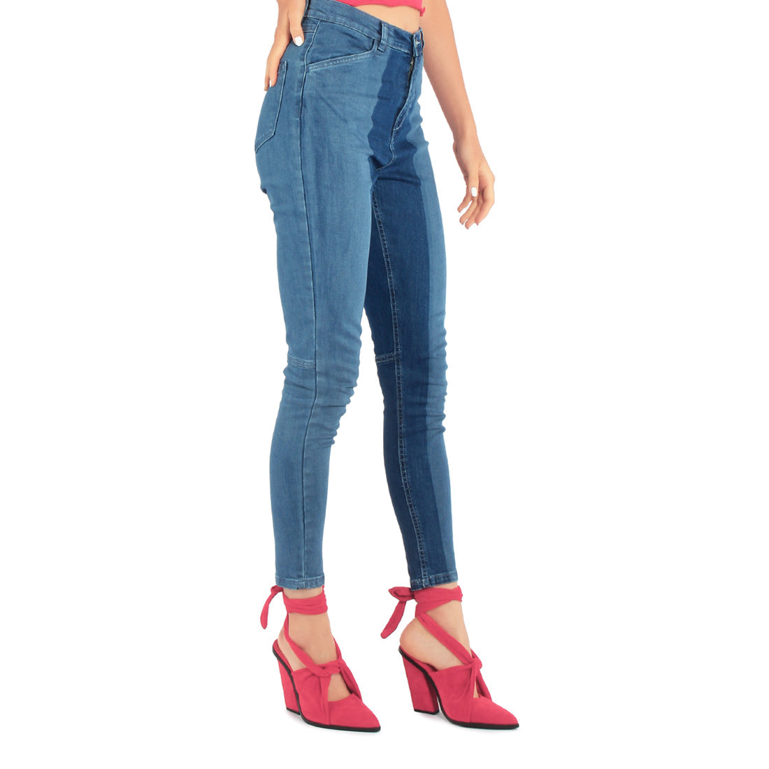 Color Block Two Skinny Jeans Pants featuring a trendy two-tone design, high rise, and five pockets, perfect for summer styling.