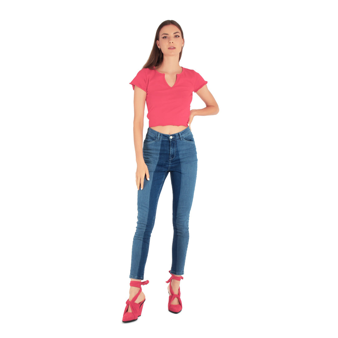 Color Block Two Skinny Jeans Pants featuring a trendy two-tone design, high rise, and five pockets, perfect for summer styling.