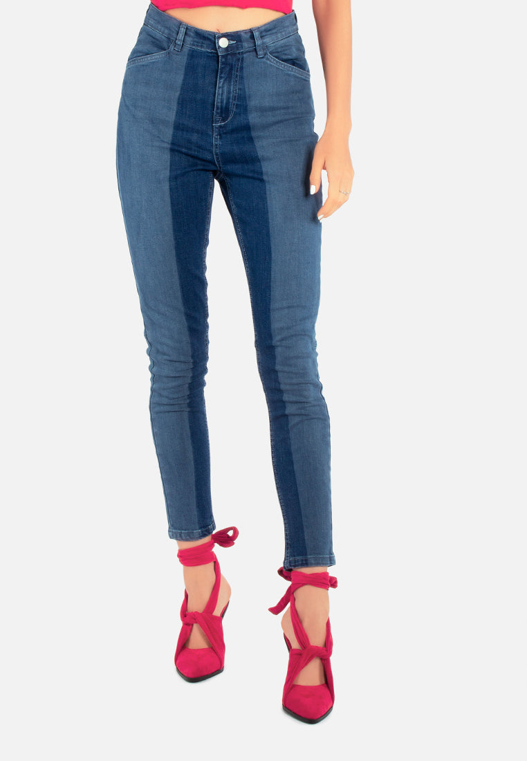 Color Block Two Skinny Jeans Pants featuring a trendy two-tone design, high rise, and five pockets, perfect for summer styling.