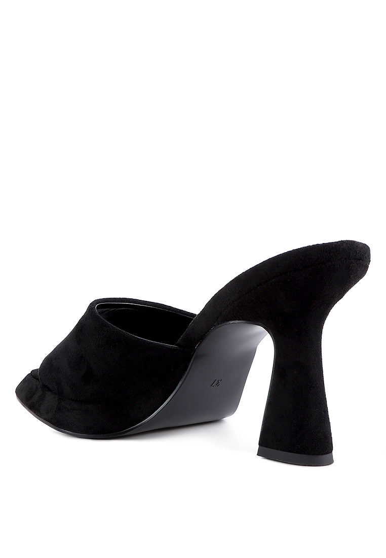 A pair of stylish Copyme Micro Suede Slip On Spool Heel Sandals featuring a soft microfiber upper and mid-high spool heels.