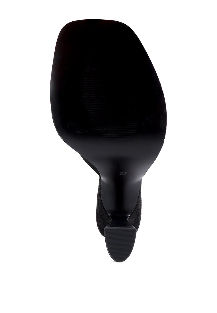 A pair of stylish Copyme Micro Suede Slip On Spool Heel Sandals featuring a soft microfiber upper and mid-high spool heels.