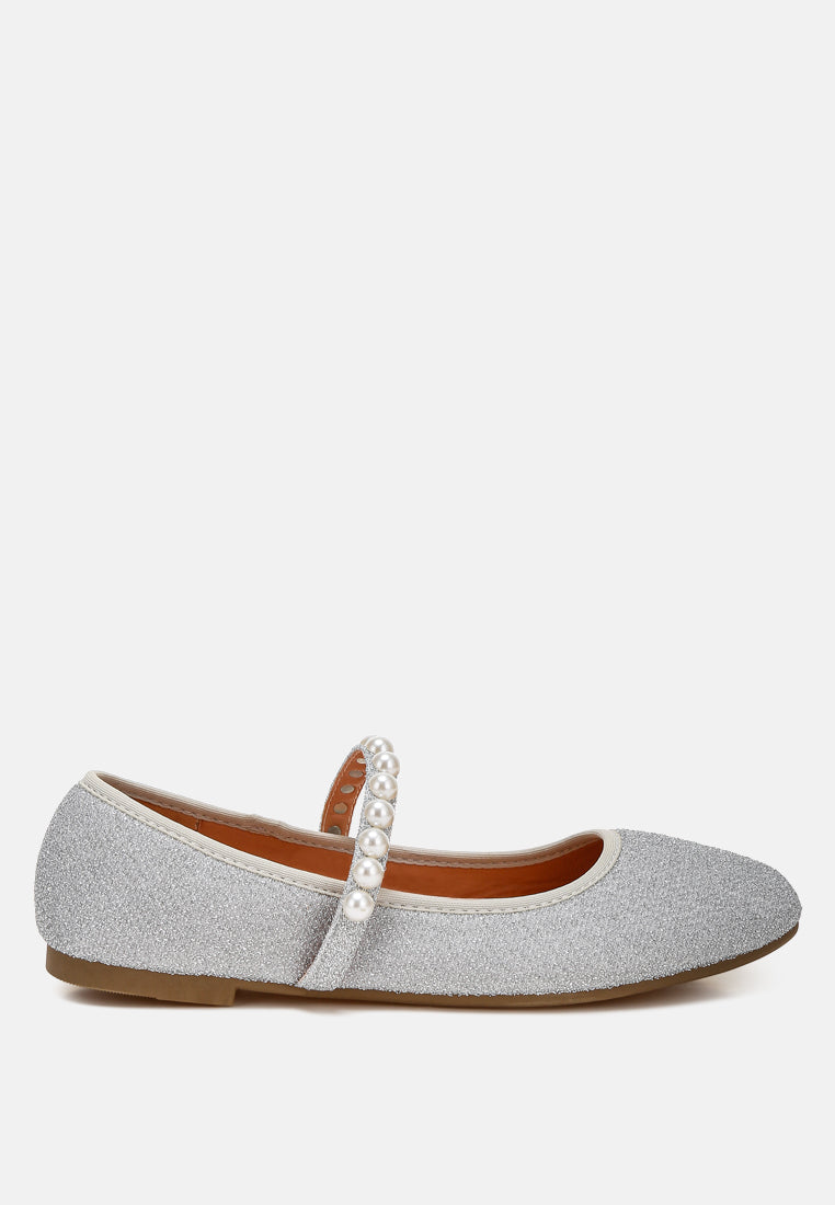 Elegant Corphee Pearl Strapped Glitter Ballerinas featuring a closed round toe, embellished with pearls and a flexible sole.
