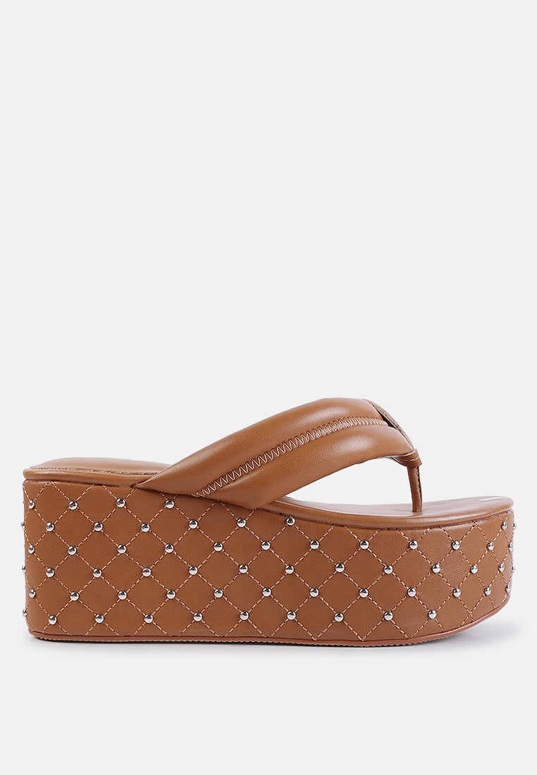 Cupcake Quilted Rhinestone Platform Sandals featuring a quilted design, cushioned straps, and metal ball studs on a chunky platform.