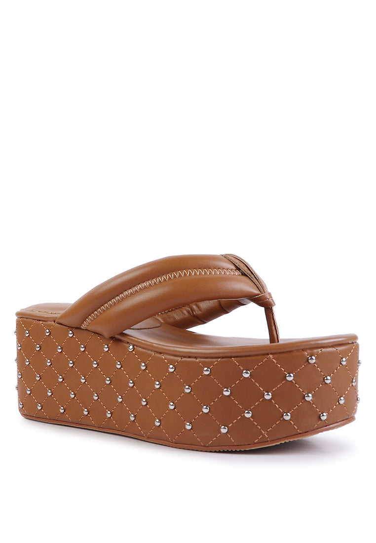 Cupcake Quilted Rhinestone Platform Sandals featuring a quilted design, cushioned straps, and metal ball studs on a chunky platform.