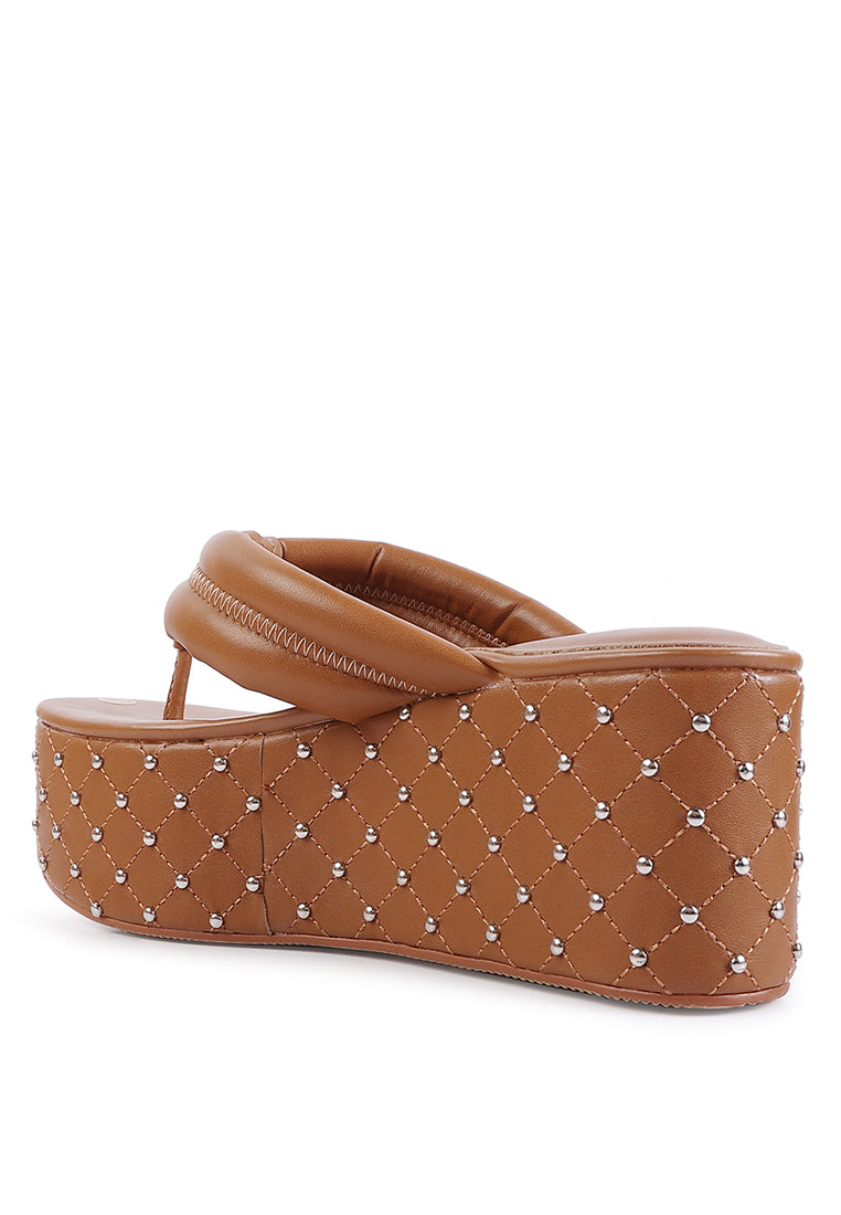 Cupcake Quilted Rhinestone Platform Sandals featuring a quilted design, cushioned straps, and metal ball studs on a chunky platform.