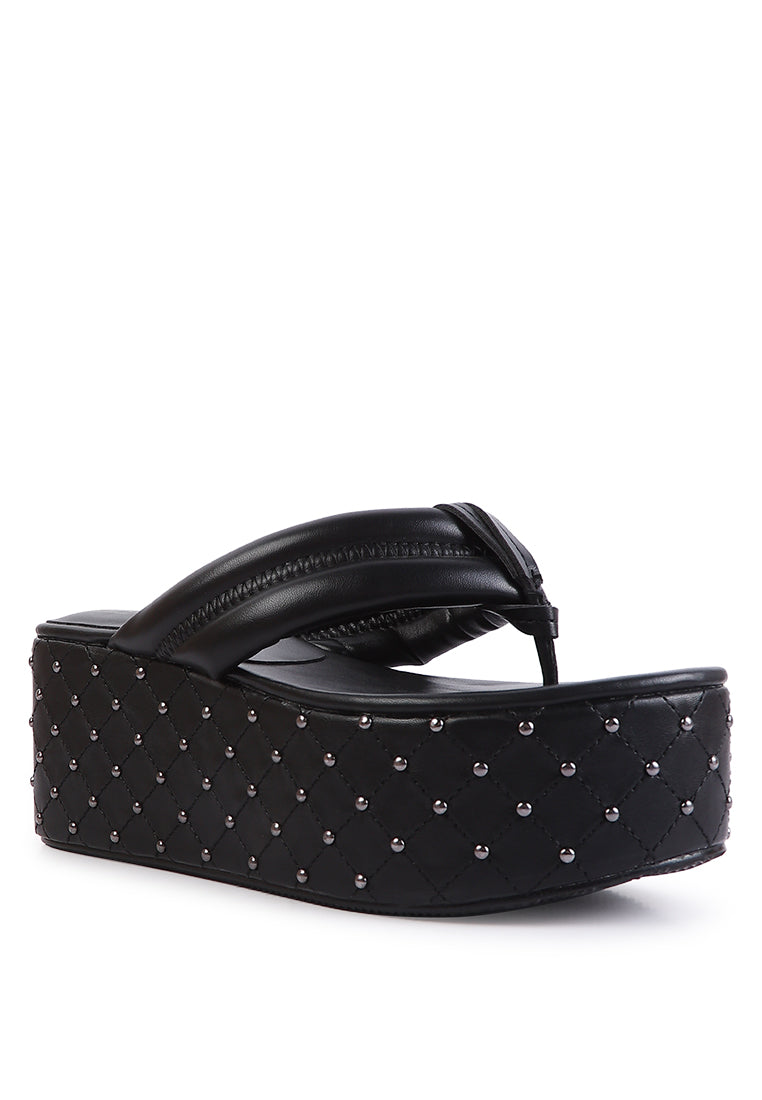 Cupcake Quilted Rhinestone Platform Sandals featuring a quilted design, cushioned straps, and metal ball studs on a chunky platform.