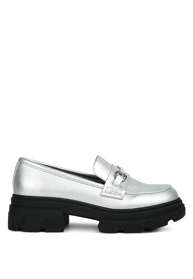 Darlina Metallic Platform Loafers featuring horsebit embellishment and chunky lug soles in a stylish metallic finish.