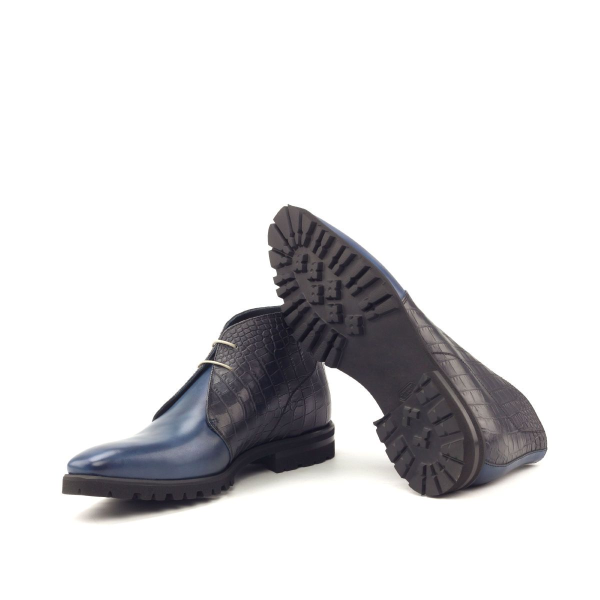 David Monti Chukkas featuring Croco black and navy calf leather, with a slightly square toe and commando sole, showcasing elegant craftsmanship.