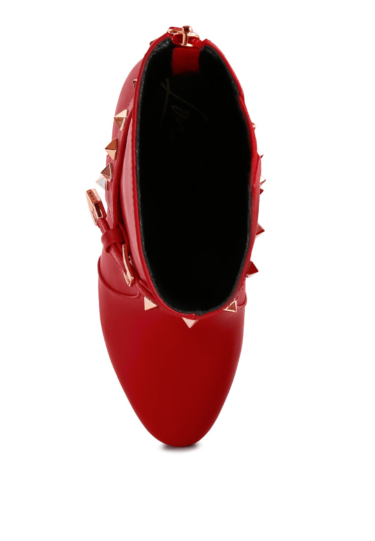 Dejang Metal Stud Embellished Faux Leather Ankle Boot featuring stud embellishments, a side zipper, and a high heel design.