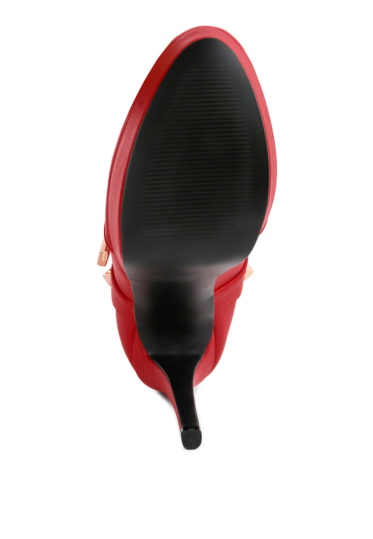 Dejang Metal Stud Embellished Faux Leather Ankle Boot featuring stud embellishments, a side zipper, and a high heel design.