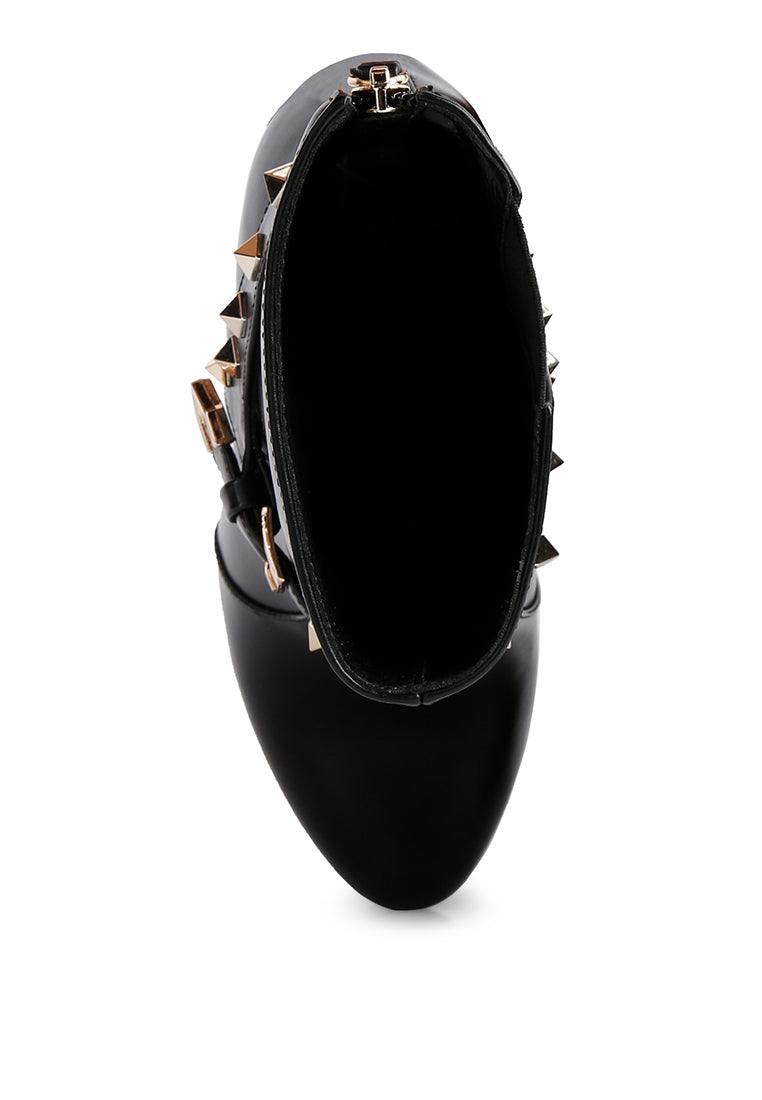 Dejang Metal Stud Embellished Faux Leather Ankle Boot featuring stud embellishments, a side zipper, and a high heel design.