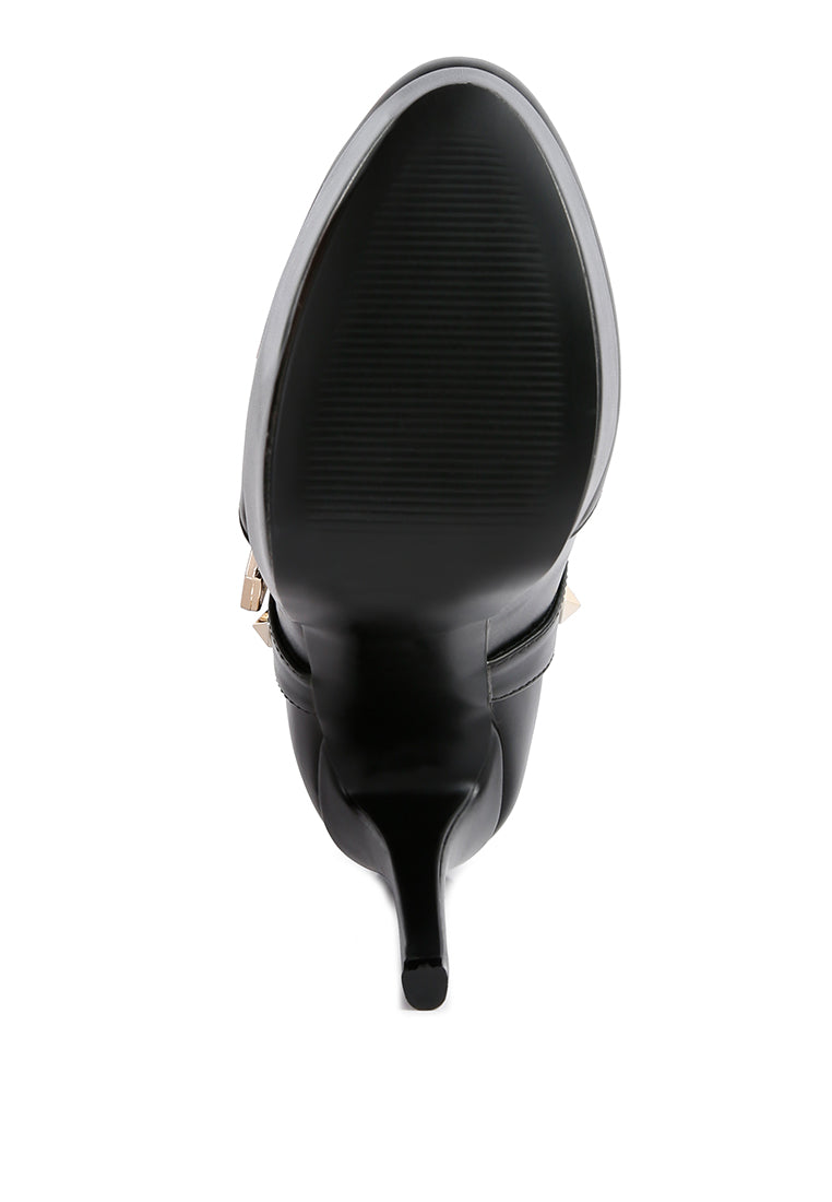 Dejang Metal Stud Embellished Faux Leather Ankle Boot featuring stud embellishments, a side zipper, and a high heel design.