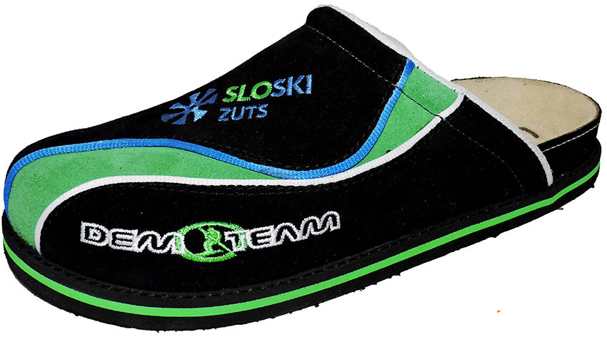 DemoTeam 3232 Pantoletten in schwarz/grün, sportlich und bequem, offizielles Modell des Slowenien Teams.