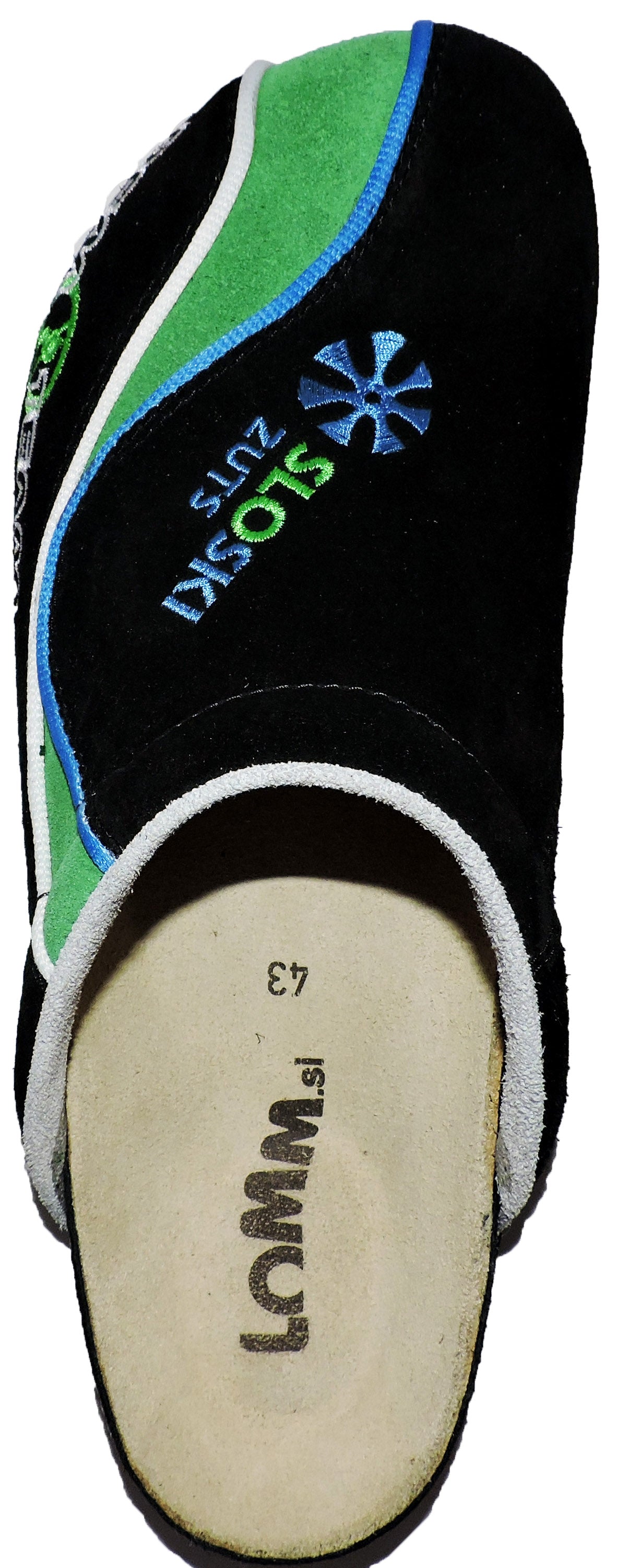 DemoTeam 3232 Pantoletten in schwarz/grün, sportlich und bequem, offizielles Modell des Slowenien Teams.