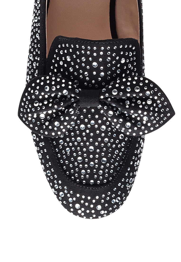 Dewdrops Embellished Casual Bow Loafers featuring rhinestone details and a chic bow, perfect for weddings and parties.