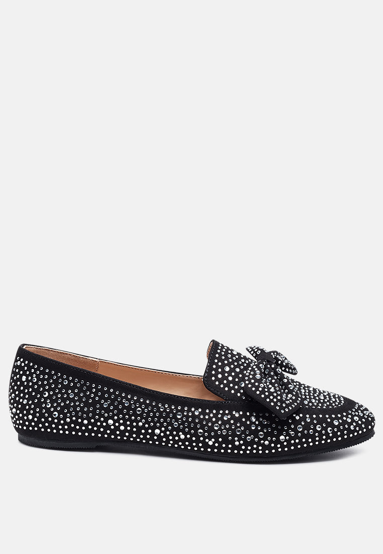 Dewdrops Embellished Casual Bow Loafers featuring rhinestone details and a chic bow, perfect for weddings and parties.