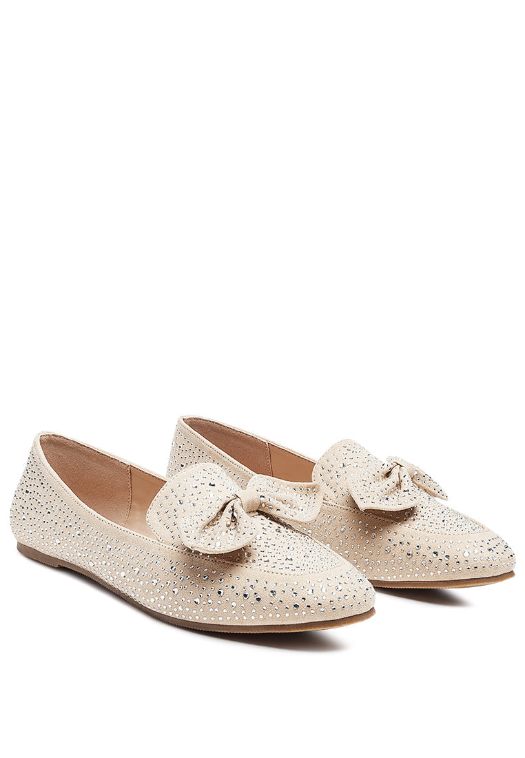 Dewdrops Embellished Casual Bow Loafers featuring rhinestone details and a chic bow, perfect for weddings and parties.