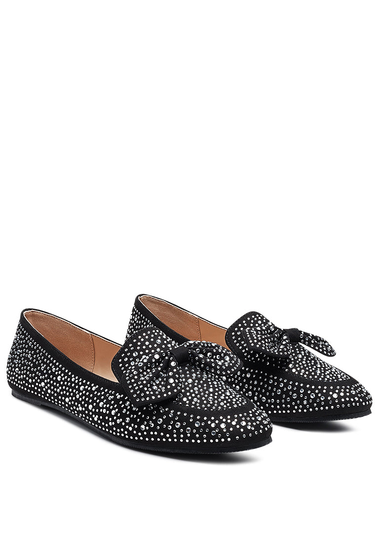 Dewdrops Embellished Casual Bow Loafers featuring rhinestone details and a chic bow, perfect for weddings and parties.