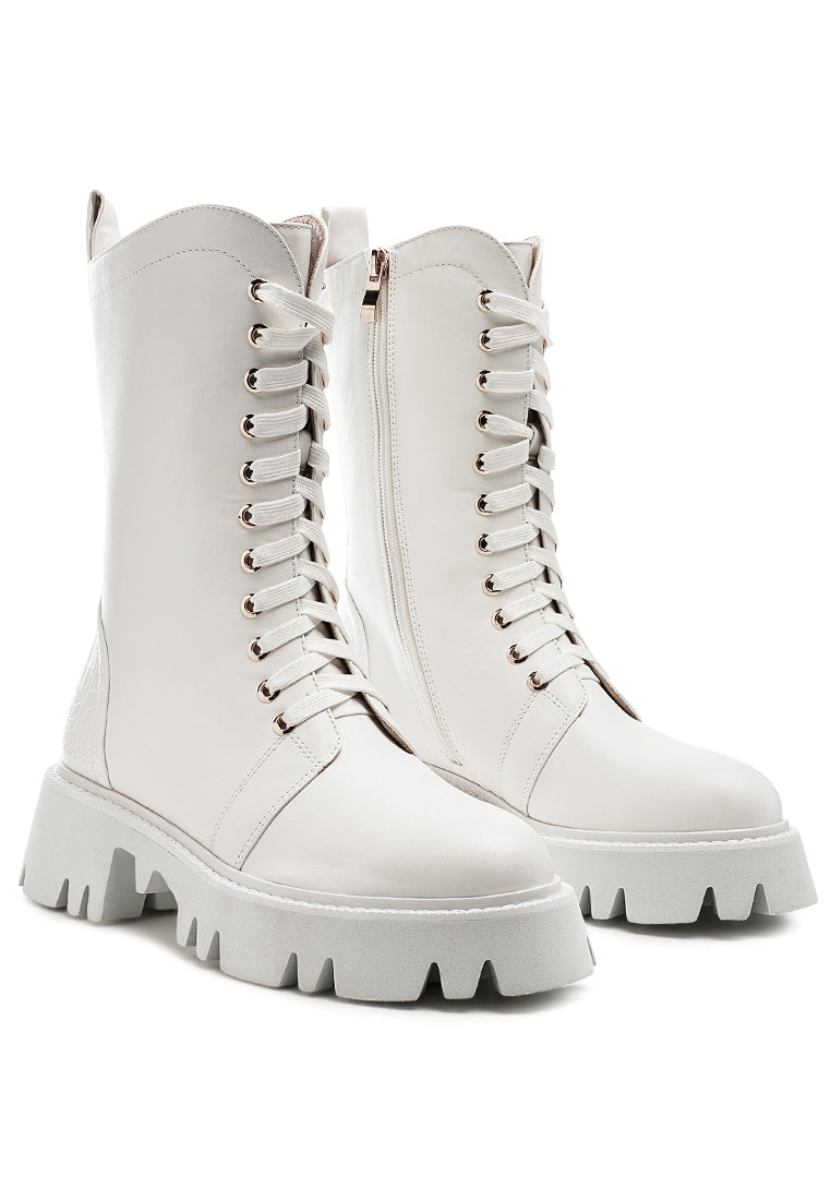 Drill Chunky White Lace Up Ankle Boots featuring faux leather upper, lace-up detail, and chunky lug soles.