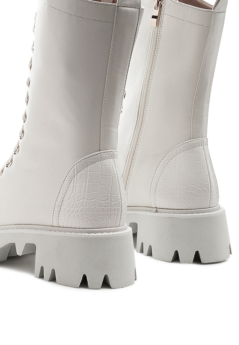 Drill Chunky White Lace Up Ankle Boots featuring faux leather upper, lace-up detail, and chunky lug soles.