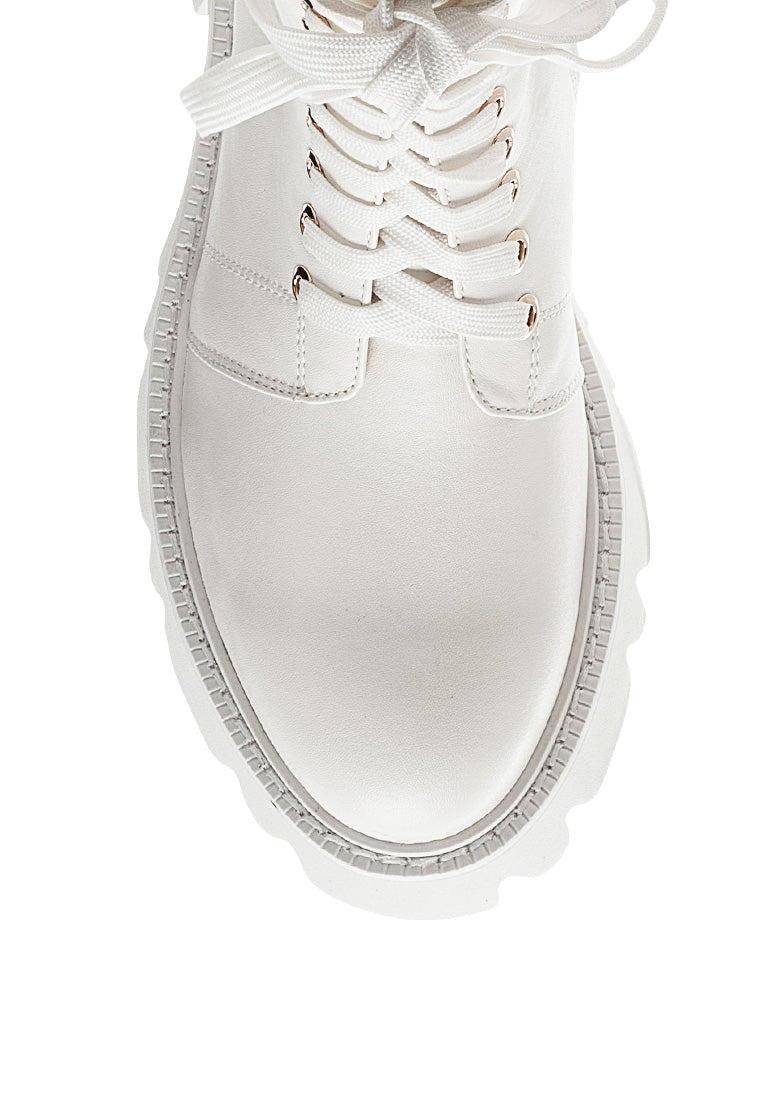 Drill Chunky White Lace Up Ankle Boots featuring faux leather upper, lace-up detail, and chunky lug soles.