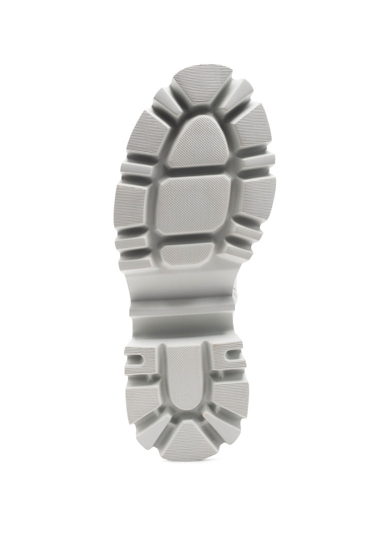 Drill Chunky White Lace Up Ankle Boots featuring faux leather upper, lace-up detail, and chunky lug soles.