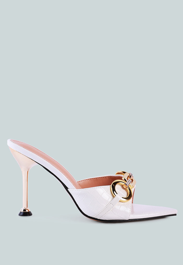 Drippin Hot Croc Patent Faux Leather Sandals featuring pointed toe, rhinestone chain detail, and high slim heel, perfect for bridal and party wear.