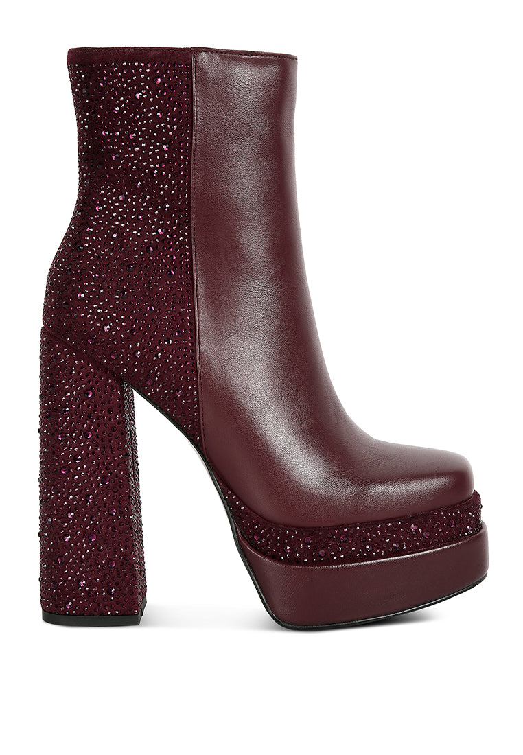 Dryday Diamante Zip Up Block Heel Boots featuring a stylish block heel with diamante embellishments and a side zipper for easy wear.