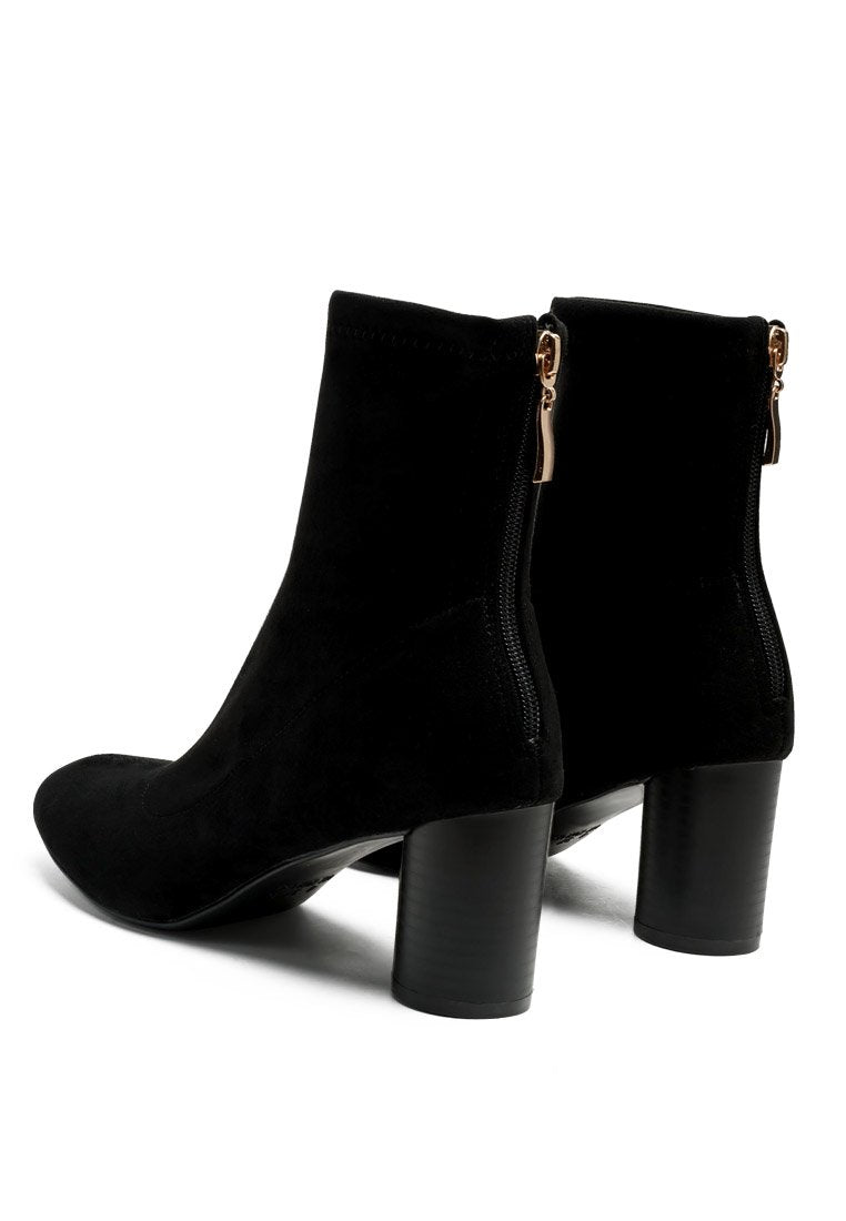 Emerson Micro Suede Ankle Boots featuring a stylish faux leather design with a block heel and back zipper.