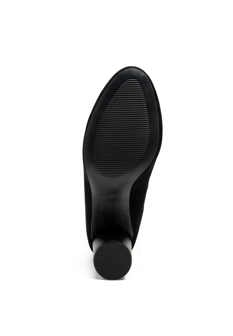 Emerson Micro Suede Ankle Boots featuring a stylish faux leather design with a block heel and back zipper.