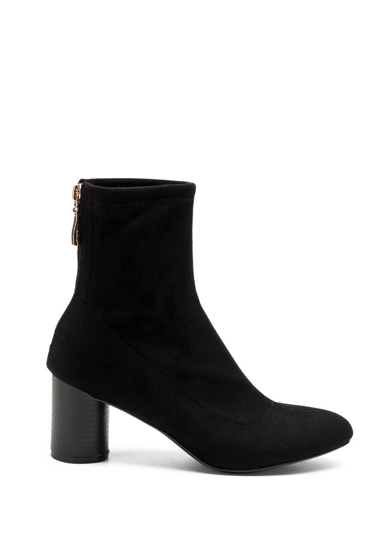 Emerson Micro Suede Ankle Boots featuring a stylish faux leather design with a block heel and back zipper.