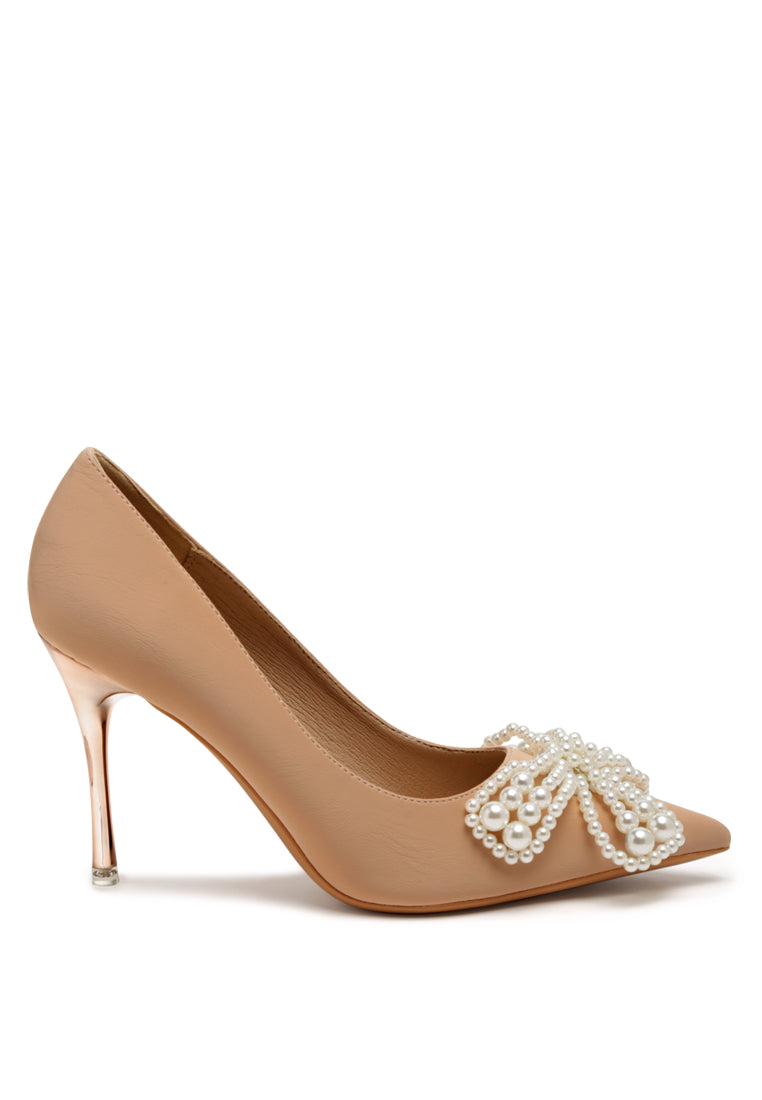 Elegant Encon Pearl Embellished Micro Suede Pumps with pearl flower bow and sharp stiletto heel.