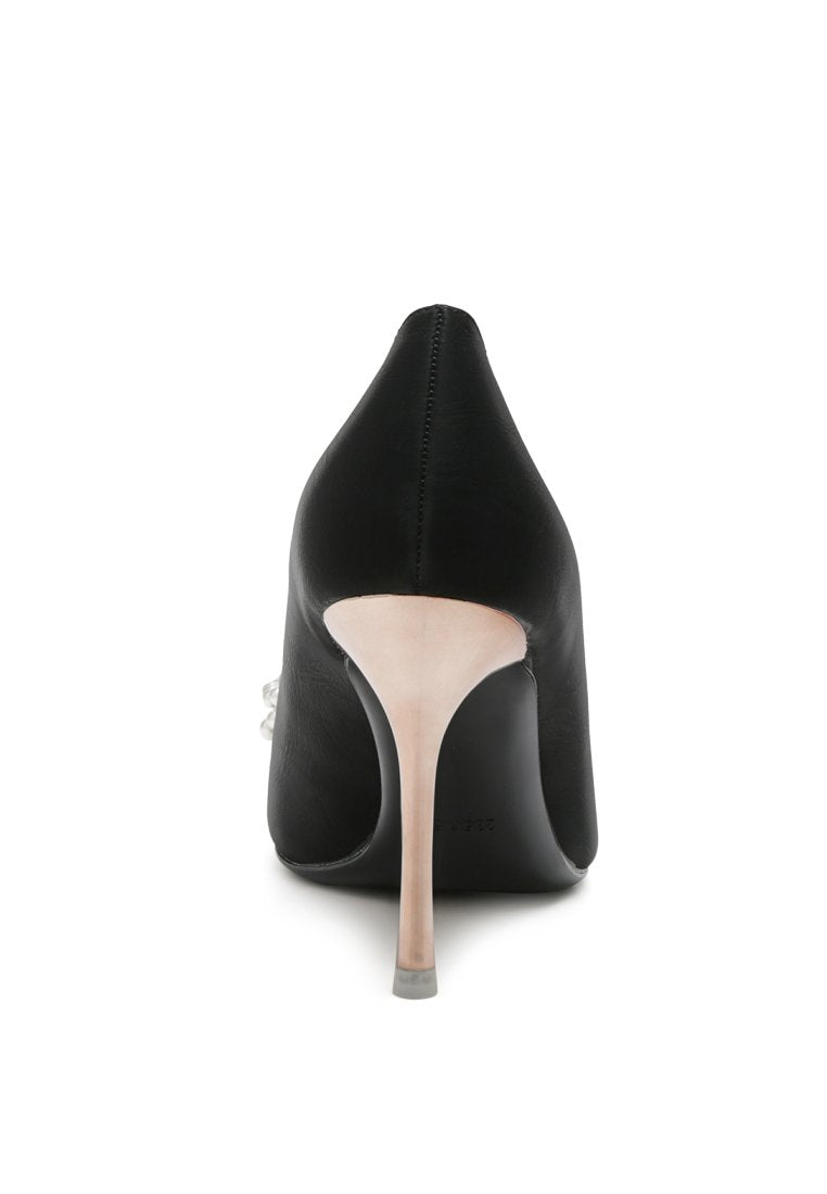 Elegant Encon Pearl Embellished Micro Suede Pumps with pearl flower bow and sharp stiletto heel.