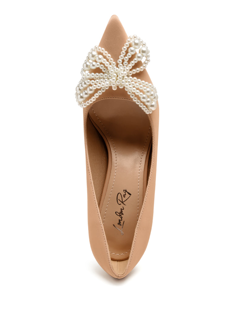 Elegant Encon Pearl Embellished Micro Suede Pumps with pearl flower bow and sharp stiletto heel.