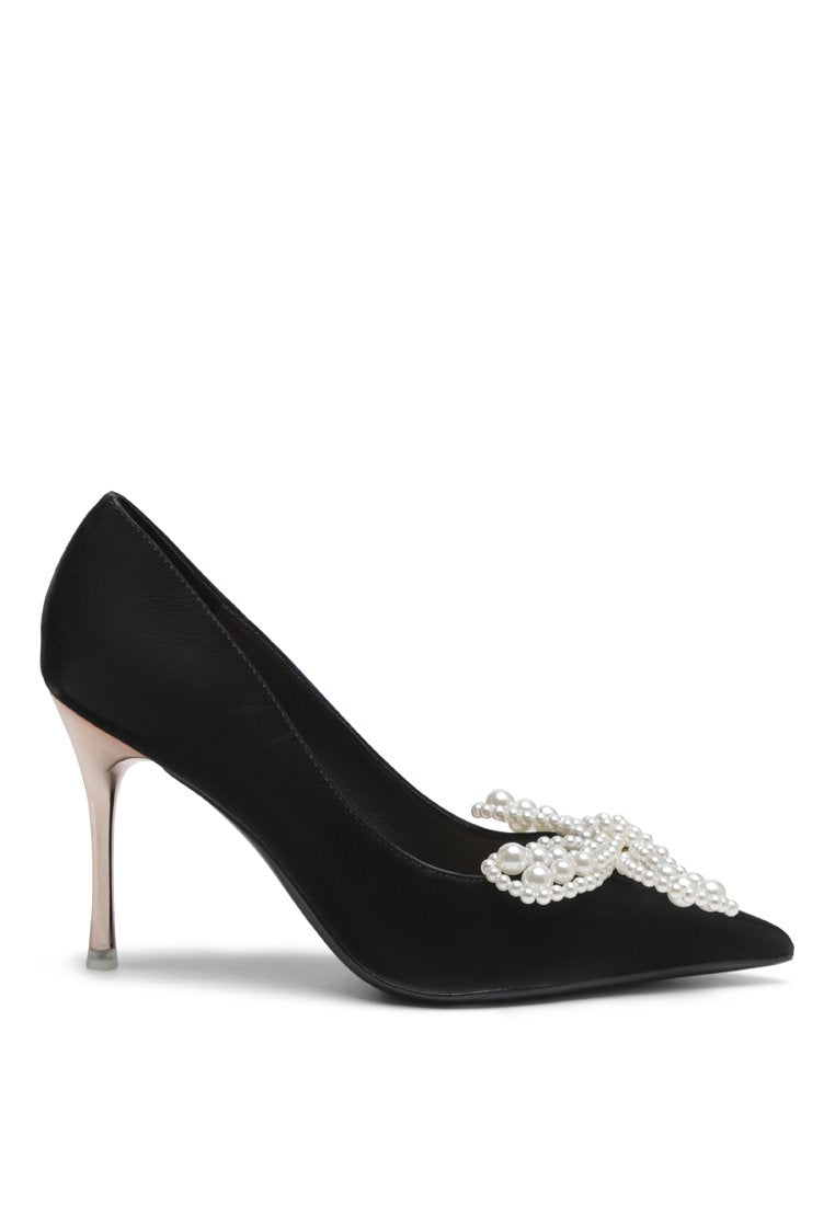 Elegant Encon Pearl Embellished Micro Suede Pumps with pearl flower bow and sharp stiletto heel.
