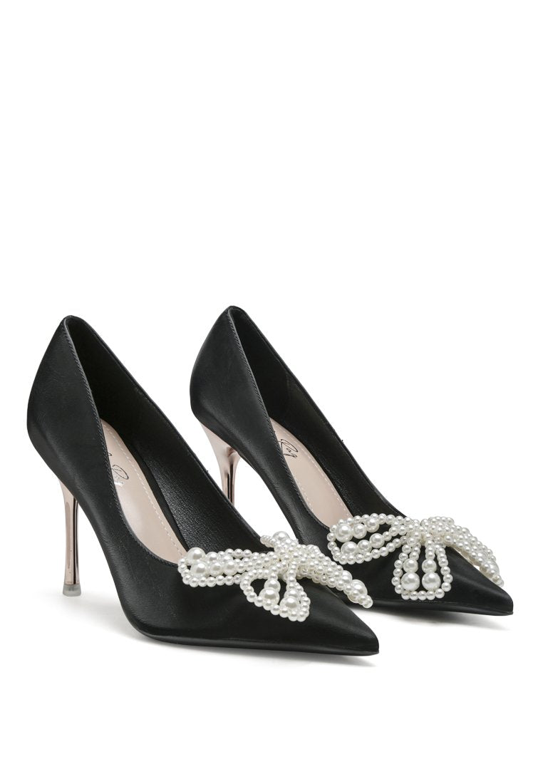 Elegant Encon Pearl Embellished Micro Suede Pumps with pearl flower bow and sharp stiletto heel.