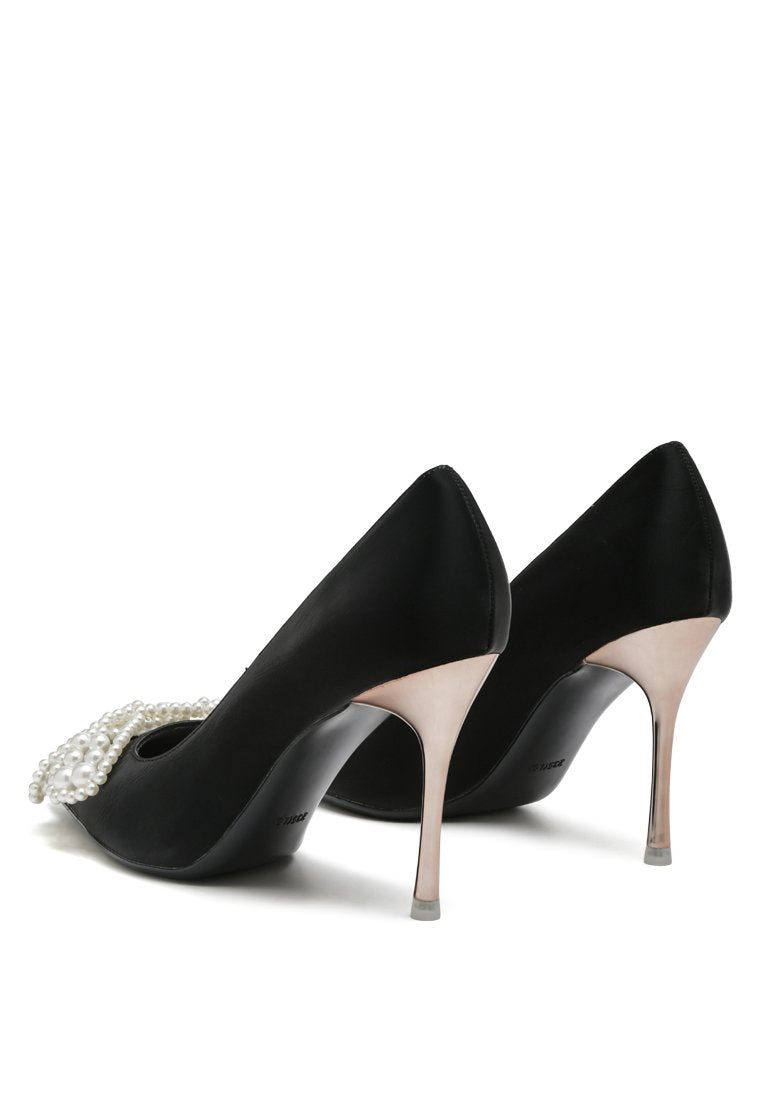 Elegant Encon Pearl Embellished Micro Suede Pumps with pearl flower bow and sharp stiletto heel.