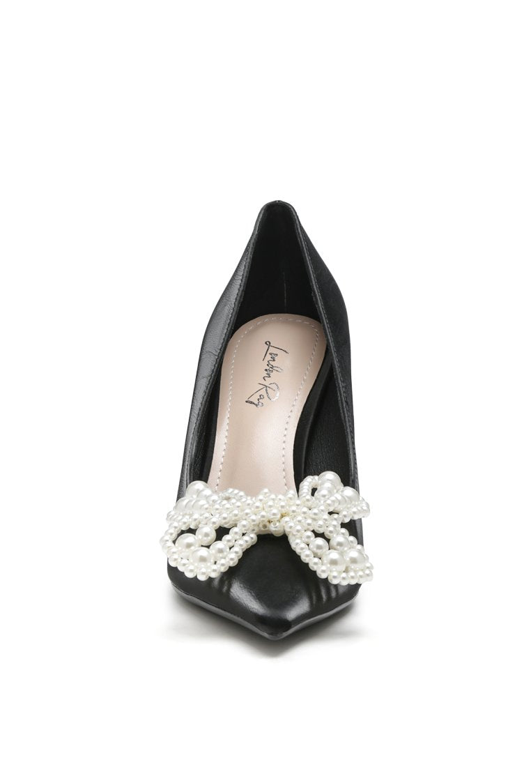 Elegant Encon Pearl Embellished Micro Suede Pumps with pearl flower bow and sharp stiletto heel.