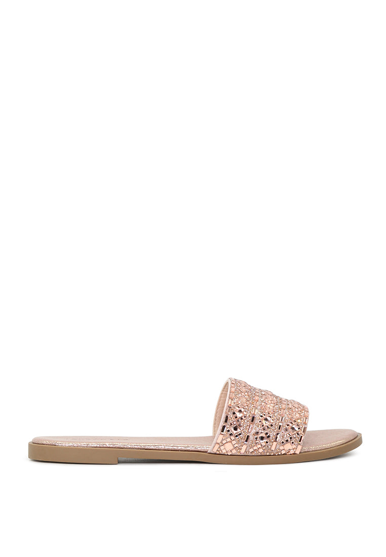 Evin Mirror Embellished Flat Sliders showcasing stylish design with mirror embellishments and comfortable flat sole.