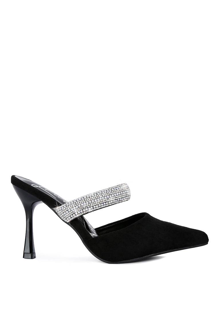 Fauci Diamante Strap Heeled Mules featuring a pointed toe and sparkling diamante strap, elegantly designed for evening wear.
