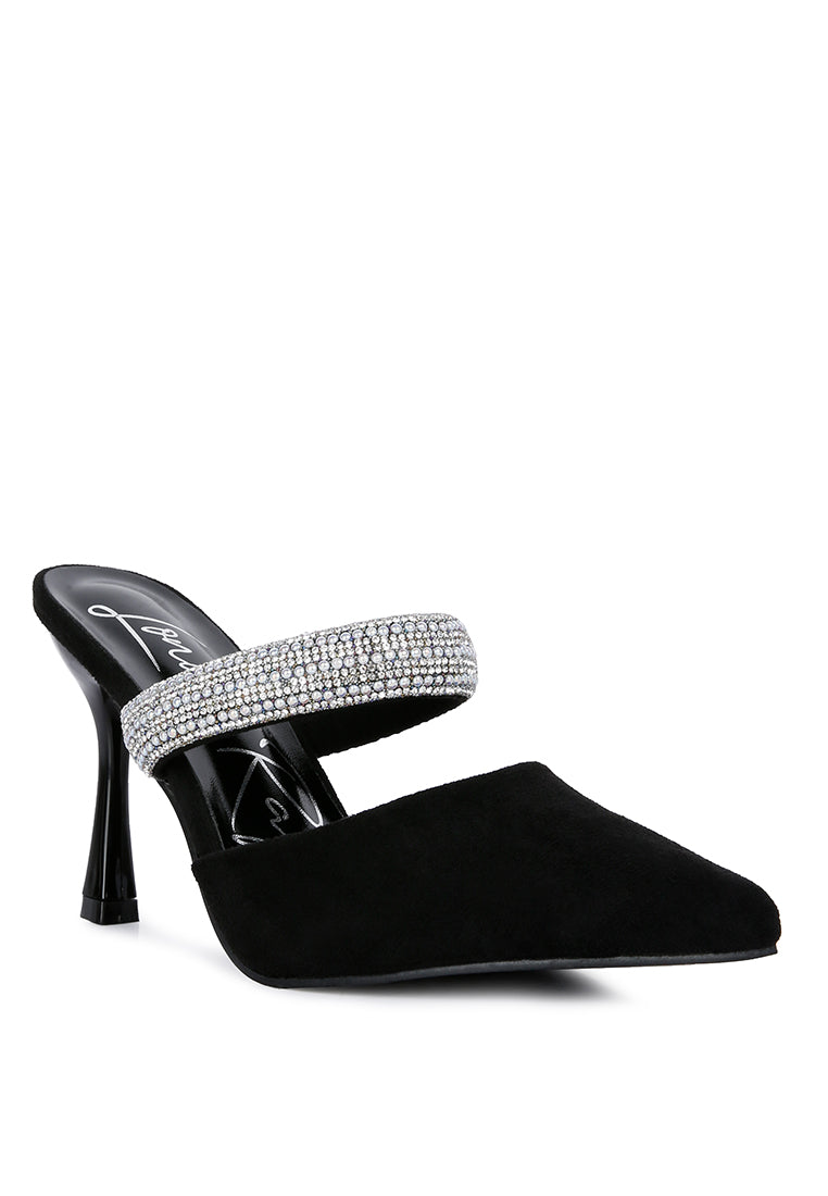 Fauci Diamante Strap Heeled Mules featuring a pointed toe and sparkling diamante strap, elegantly designed for evening wear.